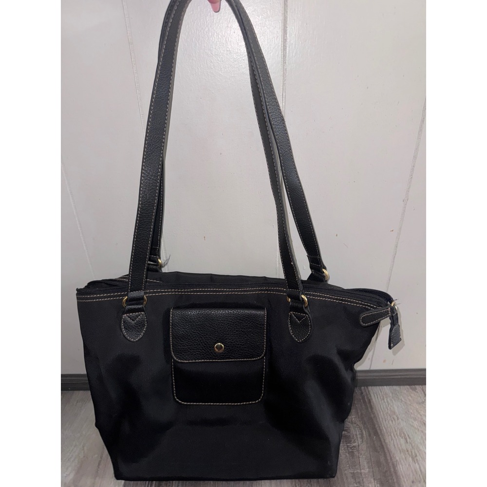 Kim Rogers Black Nylon Tote Bag Faux Leather Trim Shoulder Bag Contrast Stitch